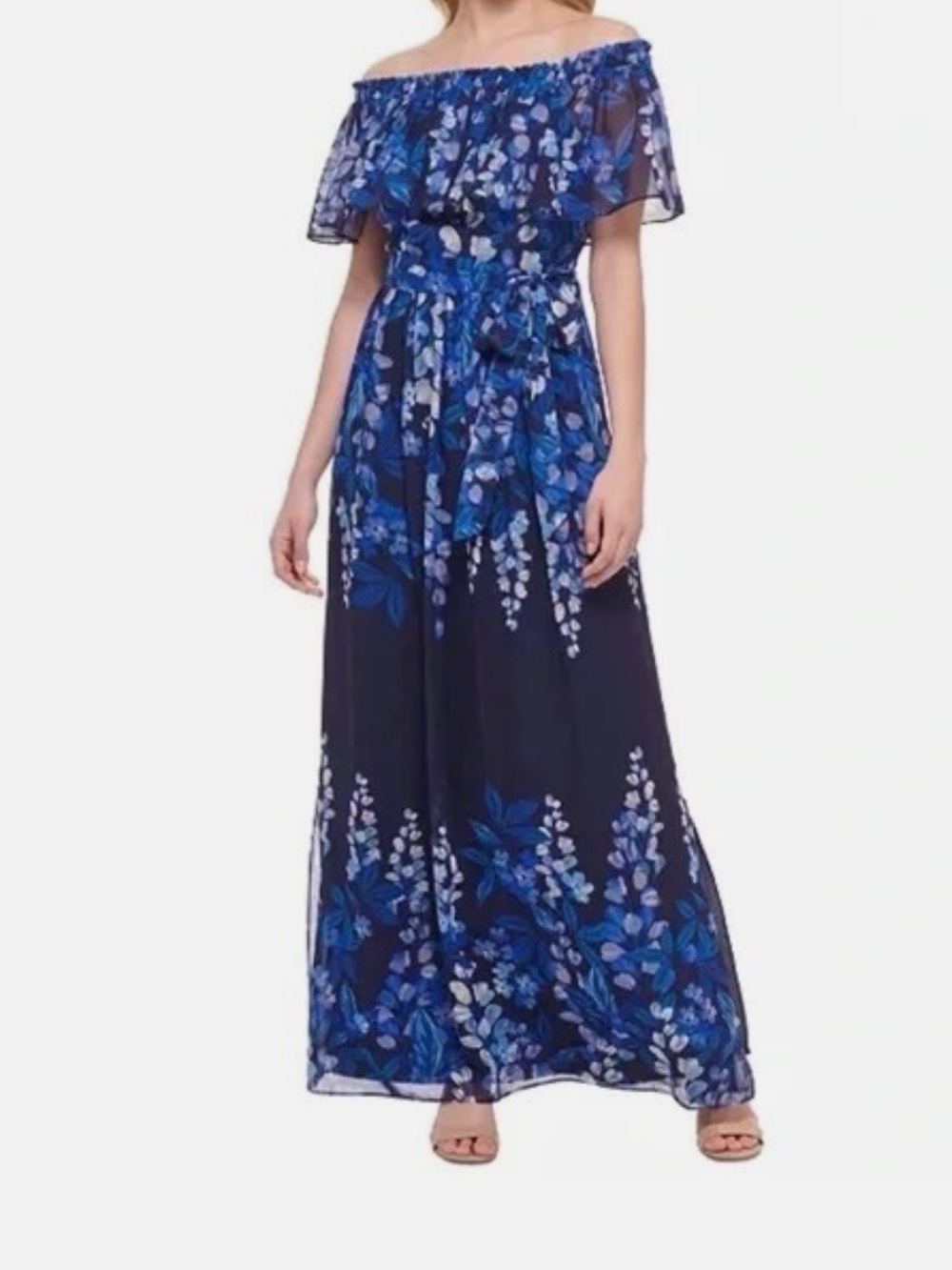 Eliza J Floral Print Popover Off-The-Shoulder Chiffon Maxi Dress